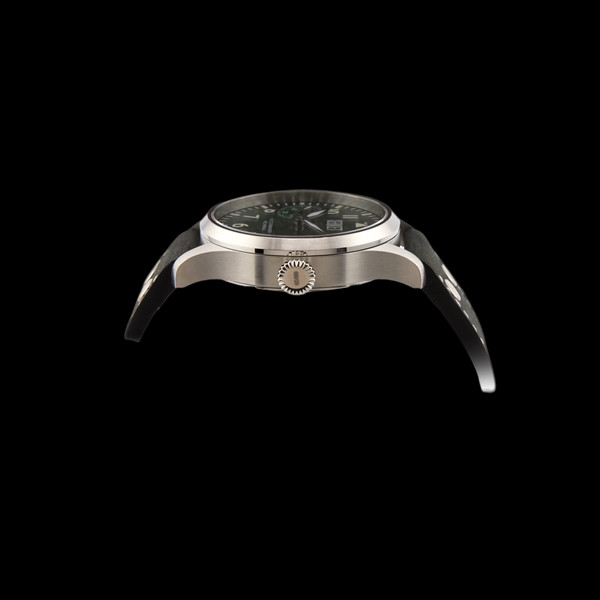 Wristwatch with black strap and silver case on a black background