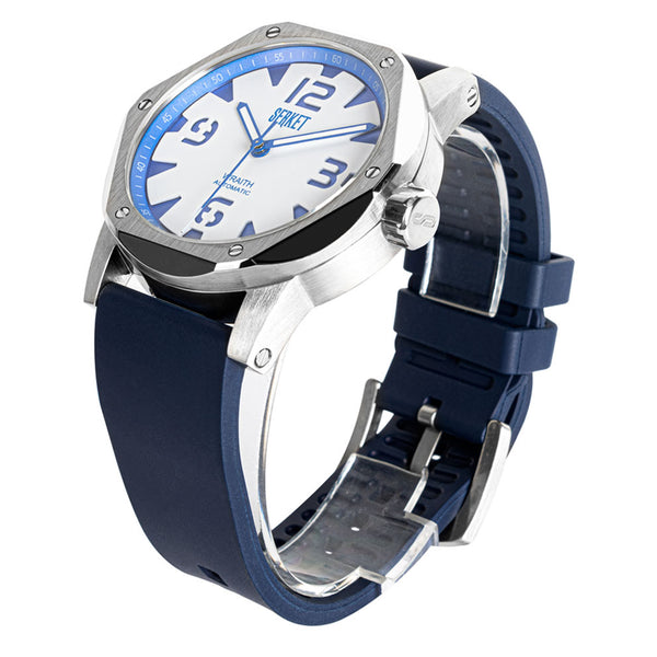 Side view of the SERKET WRAITH stainless steel automatic watch in steel white/cobalt