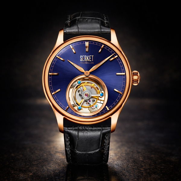 TOURBILLON Stainless Steel Rose Gold PVD Case Blue 42MM