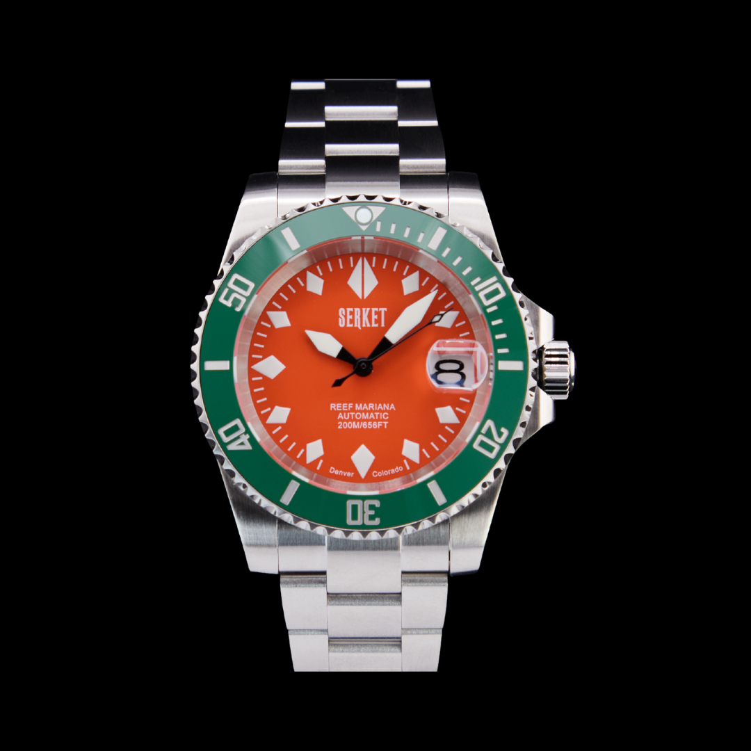 ブレンギグロメニアン サーペント Shop Reef Mariana Diver Orange Dial Green Bezel | Serket Watch Company